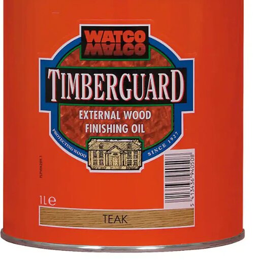 Burk med Watco Timberguard träolja, teak.