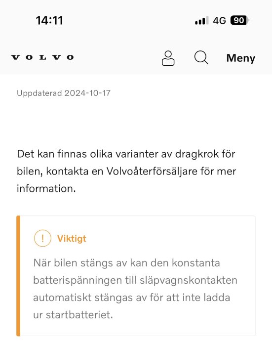Volvo FAQ om dragkrok: Olika varianter och potential att släpvagnens ström stängs av när bilen stängs för att skydda startbatteriet.