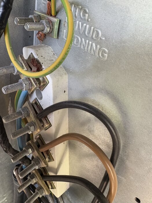 Anslutningsplint med kopparledningar och bultar, tydligt märkta med texten "HUVUDLEDNING", samt olika färgade kablar monterade i metallpanel.