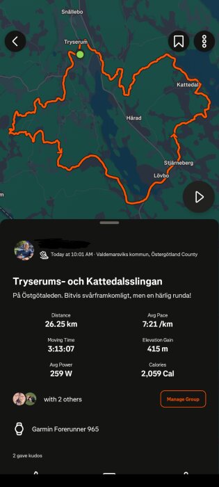 Karta över en 26,25 km lång slinga i Tryserum och Kattedal, Östergötland, med information om avstånd, tid, hastighet och kaloriförbränning.