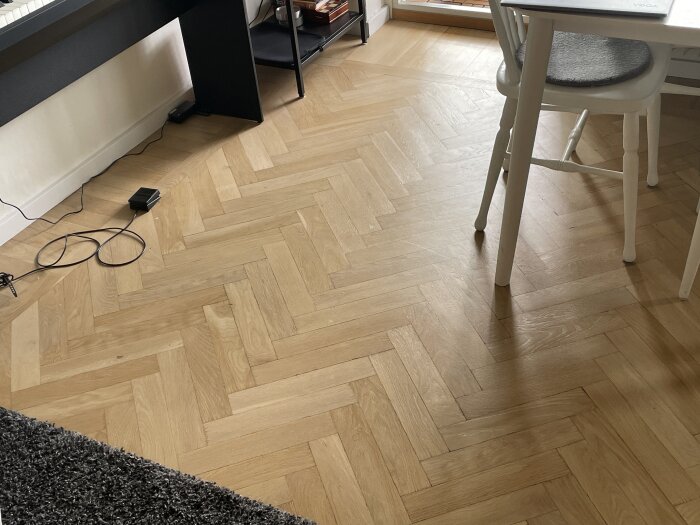 Parkettgolv med fiskbensmönster och möbler, fotograferat i diskussion om ytbehandling efter slipning av fläck.