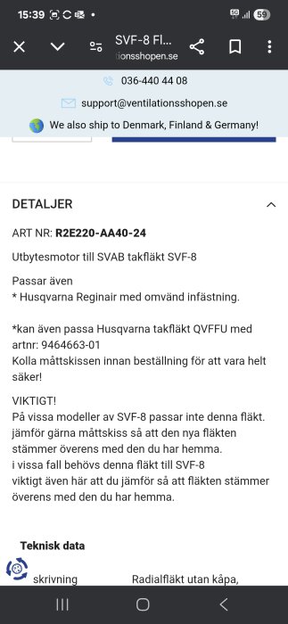 Bild av detaljerad information om utbytesmotor för SVAB takfläkt SVF-8, inklusive artikelnummer och kompatibilitet.