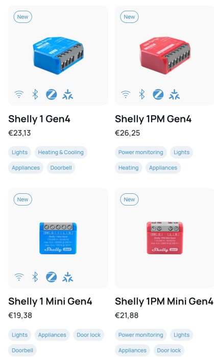 Fyra Shelly Gen4-enheter visas med priser och funktioner som Wi-Fi, Bluetooth och Zigbee, inklusive modellerna Shelly 1, 1PM, 1 Mini, och 1PM Mini.