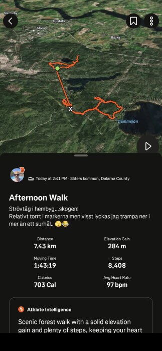 3D-karta över promenadrutt i skog, 7,43 km lång, elev. 284 m, nära Dammsjön i Säter, Dalarna. Registrerar tid, kalorier och steg.