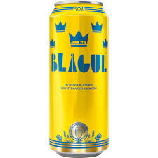 En gul burk med blå text och tre kronor, märkt "Blågul".