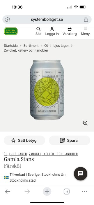 Burk med Gamla Stans Färsköl, design med stadsplan och gul cirkel på etiketten.