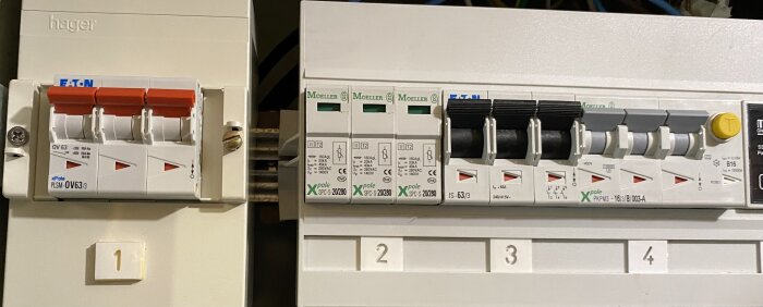 Bild av en elcentral med strömbrytare och säkringar i olika färger, märken och specifikationer.
