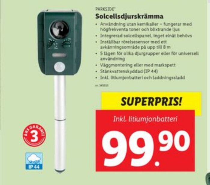 Reklambild för en solcellsdriven djurskrämma från Parkside, med högfrekventa toner och blixtrande ljus, pris 99.90 kr inklusive litiumjonbatteri.