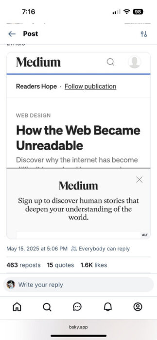En skärmdump av ett Medium-inlägg med rubriken "How the Web Became Unreadable" samt en inbjudan att registrera sig för fler berättelser.