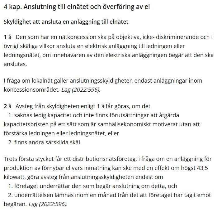 Textstycke från Ellagen som beskriver regler för anslutning och överföring av el samt undantag för mindre produktionsanläggningar med max 43,5 kW.