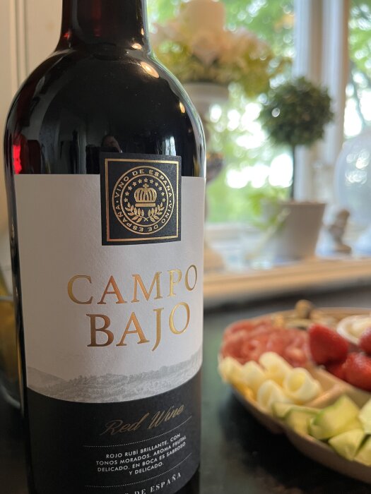 Flaska Campo Bajo rödvin bredvid en tallrik med tapas, melon och jordgubbar.