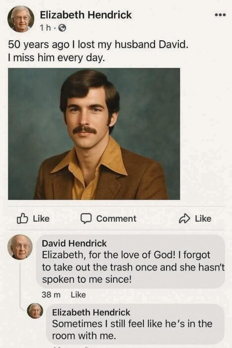 En bild på en man med mustasch i en brun skjorta, från en skärmdump av ett Facebook-inlägg med två kommentarer nedanför.