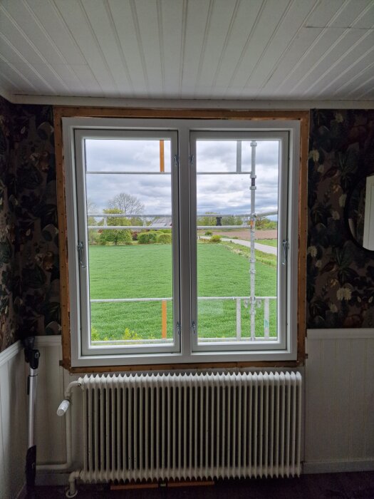 Nya fönster med utsikt över gröna fält, vita väggar och en vit radiator under fönstret i ett renoverat rum.