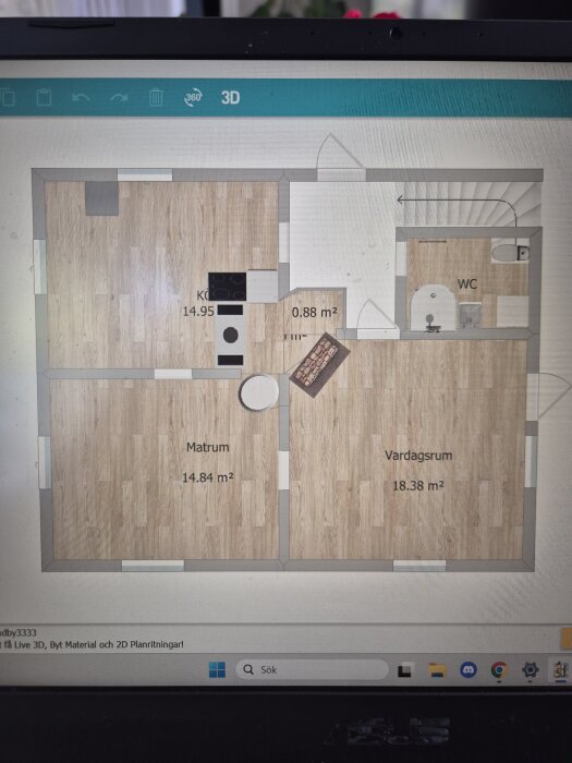 Planlösning av en första våning med kök, matrum och vardagsrum från ett äldre hus, skapad i SketchUp.