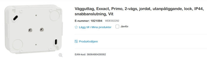 Vägguttag, Exxact Primo, 2-vägs, jordat, vit, IP44 med snabbt fäste, visas bakifrån med knockout öppningar och två skruvar i mitten.