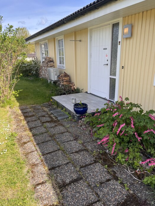 Entré till gult hus med vit dörr, stor fyrkantig trappa täckt med klinker, sjöstensplattor, rosa blommor och vedstapel vid sidan av huset.