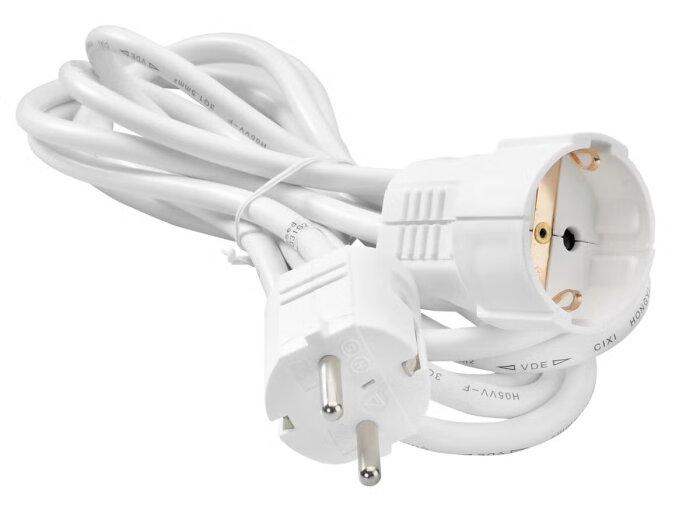 Vit skarvsladd med jordad kontakt, ihoprullad och fäst med en kabelbindare.