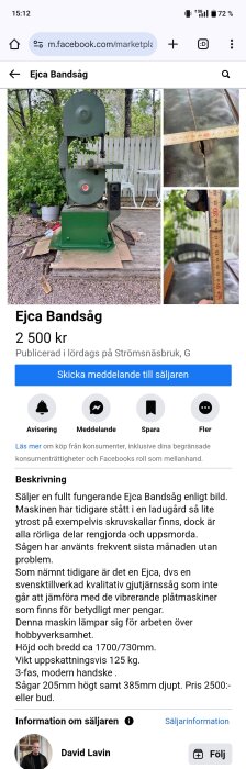 Grön Ejca bandsåg utomhus på en träplattform med måttband som mäter bordets höjd. Vitt staket och träd syns i bakgrunden.