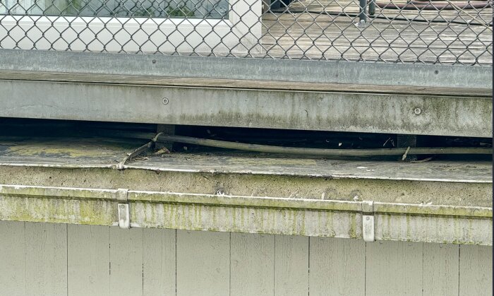 Gammal trall med synliga skador ovanpå ett plåttak, inhägnad med metallnät, planeras för renovering med nytt stengolv och golvvärme.