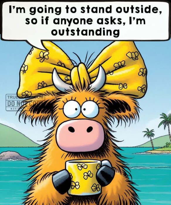 En tecknad ko med stor gul rosett håller en kopp och står vid stranden. Text ovan lyder: "I'm going to stand outside, so if anyone asks, I'm outstanding".