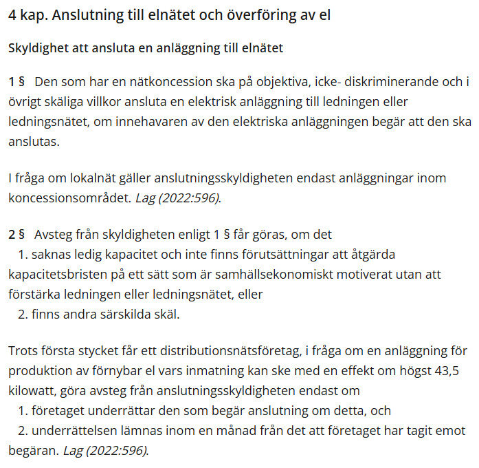 Text från ellagen om anslutning till elnätet med fokus på paragraf 2 och undantag.