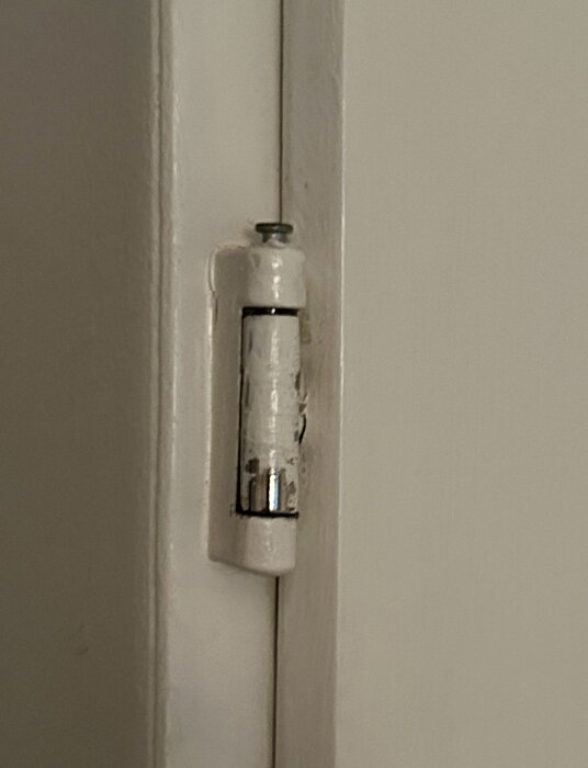 Gammalt gångjärn på platsbyggd garderobsdörr från 60-talet, med viss slitage och skruv upptill.