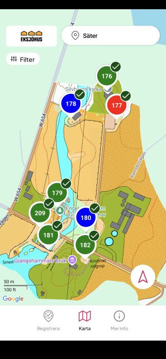 Karta över Säter med markerade byggprojekt. Färgade ikoner visar projektstatus; gröna (klart), röda (pågående), blå (avslutat) samt vägar och platser i området.