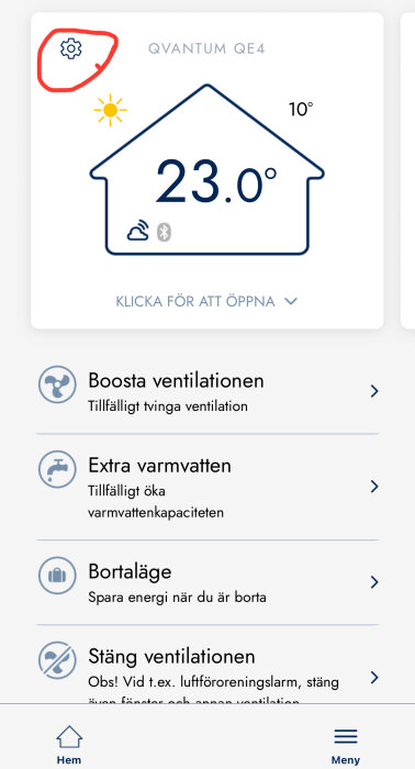App-skärmbild av Qvantum QE4 som visar temperatur 23°C inomhus, med ett kugghjul för inställningar markerat. Alternativ för ventilation och varmvatten visas.