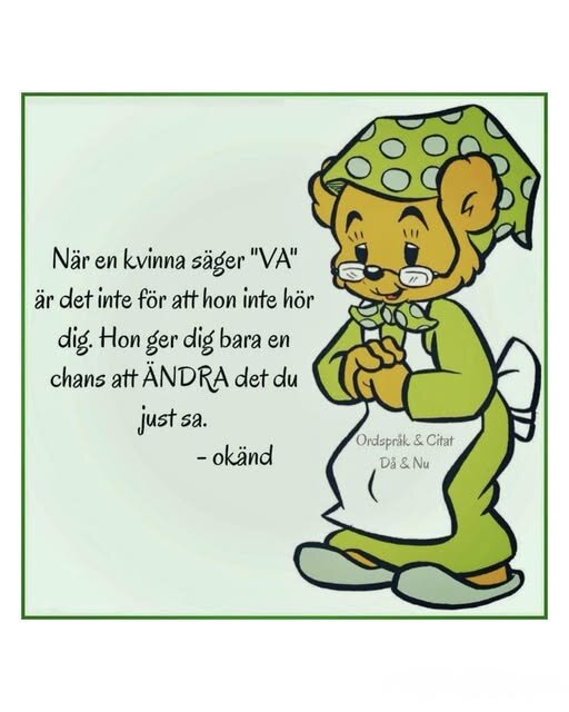 Tecknad björn i grön klänning och prickig hätta med citat om kommunikation mellan män och kvinnor.