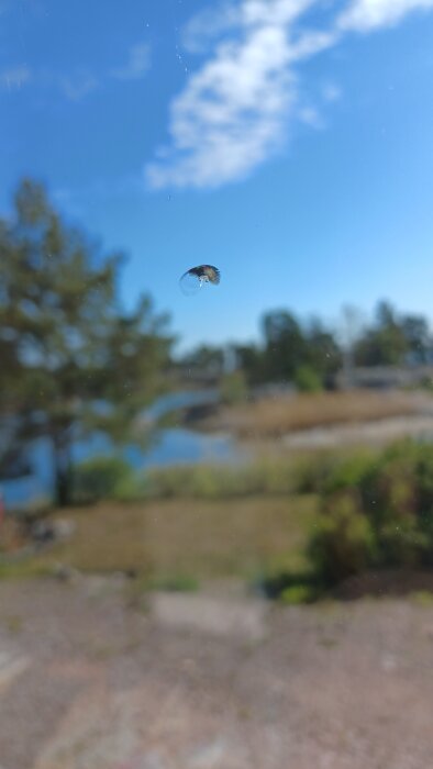 Skadat fönsterglas med flisor, 3x3 mm, i nybyggt fritidshus mot suddigt landskap i bakgrunden.