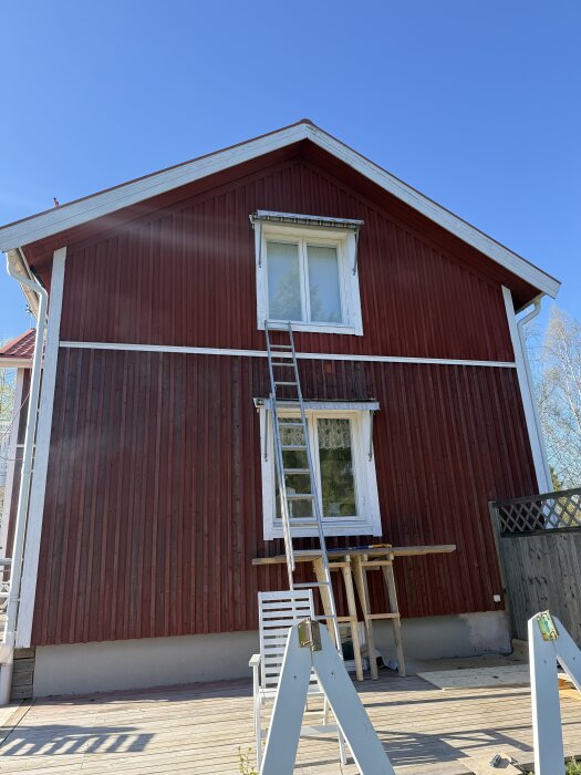 Rött hus med vitmålade detaljer, stege lutad mot fasaden för ommålning. Klarblå himmel i bakgrunden.