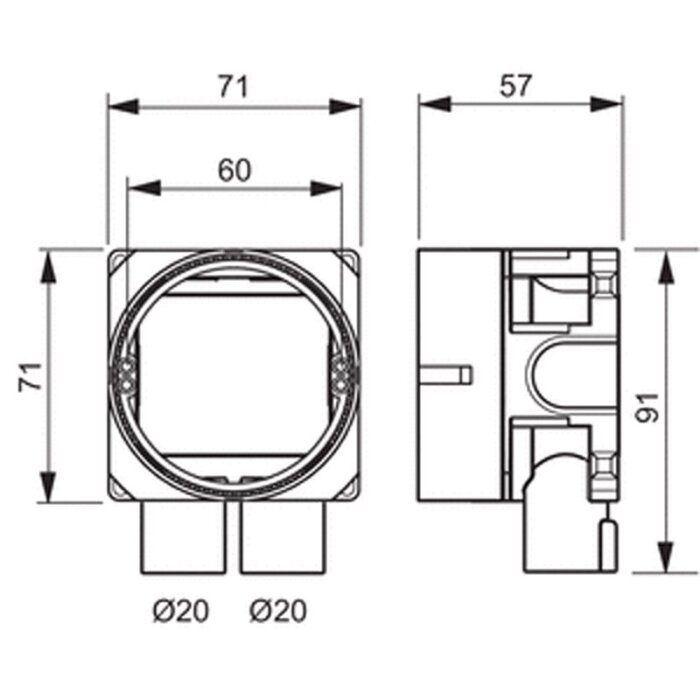 Ritning över elinstallation. Visar mått på kopplingsdosa: 71x71 mm kvadratisk front, 57 mm djup. Cirkulära hål för kablar, diameter 20 mm.