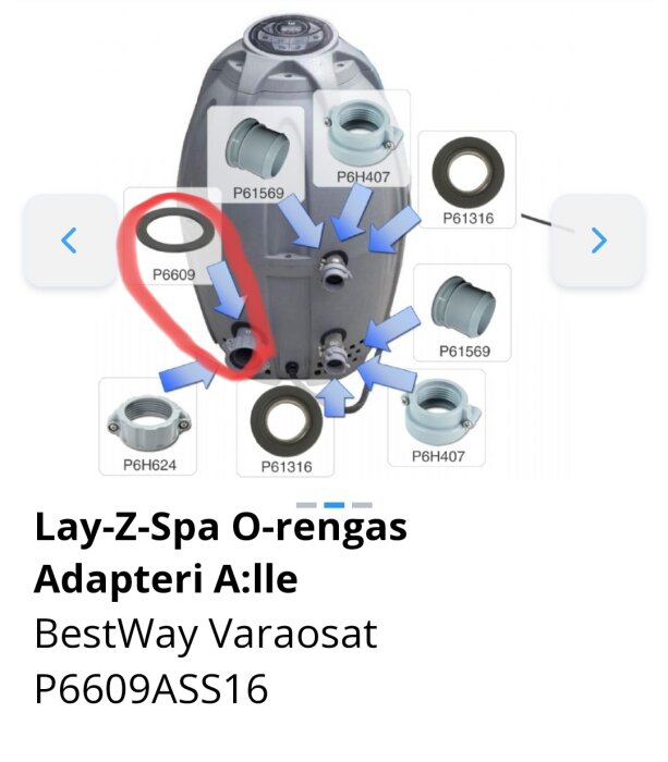 Illustration av Lay-Z-Spa reservdelar med olika adaptrar och tätningar, P6609 markerad med röd cirkel för luftflödesrör. BestWay Varasat P6609ASS16.