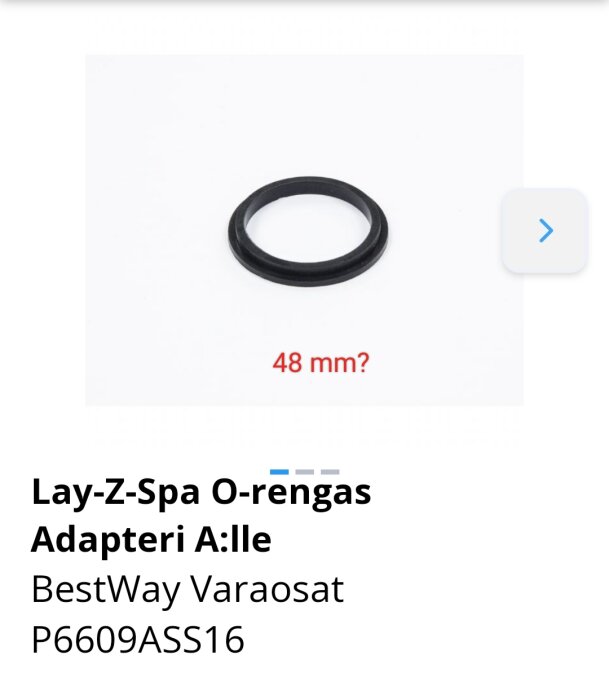 Gummipackning för Lay-Z-Spa, märkt "Adapteri A:lle" och indikeras att vara 48 mm i diameter.
