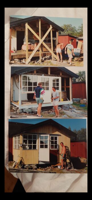 Tre bilder av renovering: byggnadens framsida med virke, veranda under arbete och färdigt hus med målad panel. Två personer arbetar i varje bild.