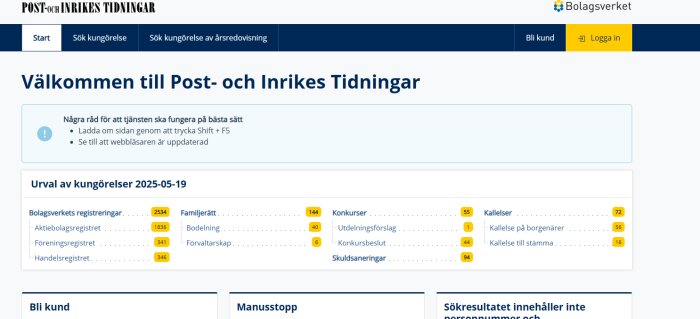 Webbplatsen Post- och Inrikes Tidningar med menyer för kungörelser, registreringar och information från Bolagsverket.