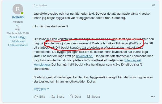 Skärmdump av forumdiskussion om bygglov och startbesked. Text och kommentarer från användare, där viss text markeras med röd cirkel.