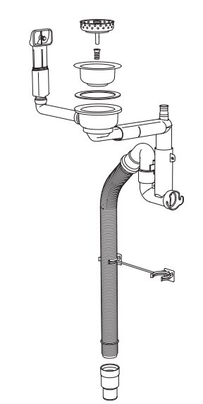Exploderad ritning av ett avlopp med plaströr, packningar och metallkopp under diskho.