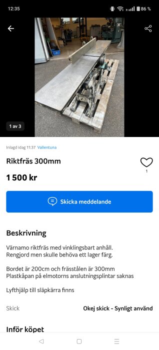 Rikthyvel på lastpall i garage, 300mm frässtål, 200cm bord, vinklingsbart anhåll. Rengjord men behöver färg.