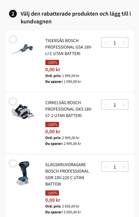 Val av rabatterade Bosch-verktyg utan batteri: tigersåg, cirkelsåg, och slagskruvdragare med 100% rabatt, kostar 0 kr vardera.