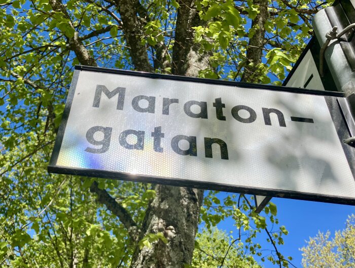 Vägskylt med texten "Maratongatan" mot en bakgrund av gröna träd och blå himmel.