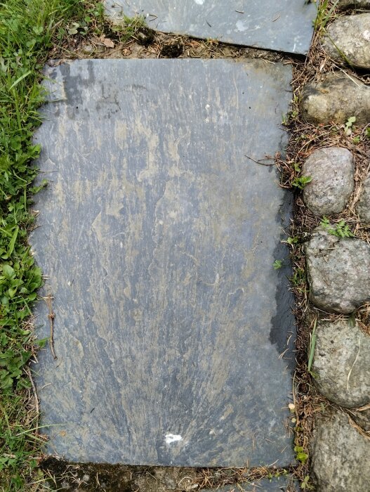 Stålborstad skifferplatta med synliga rengöringsmärken, omgiven av gräs och stenar.