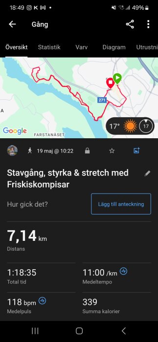 Karta med stavgångsrunda, distans 7,14 km, medeltempo 11:00/km, tid 1:18:35, 118 bpm medelpuls, 339 kalorier förbrända, soligt väder 17°C.
