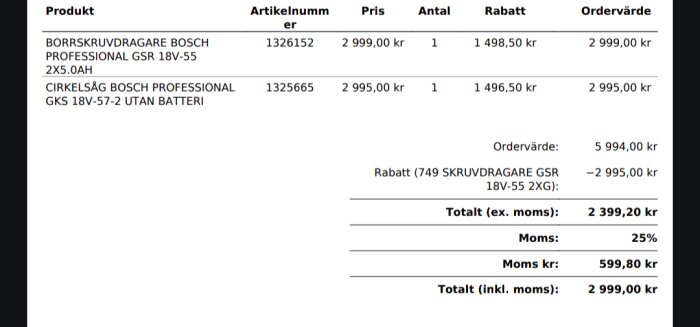Kvitto för inköp av borrskruvdragare och cirkelsåg från Bosch med specificerade priser, rabatter och totalbelopp inkl. moms.