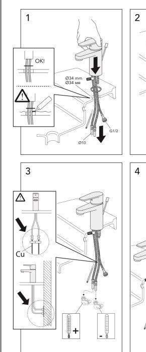 Installationsinstruktion för tvättställsblandare med nedåtgående kopplingar och måttangivelser, inklusive varningar för montering.