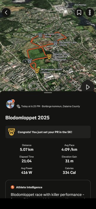 Karta över löprunda med statistik från Blodomloppet 2025 i Borlänge, inklusive distans 5.07 km och genomsnittstempo 4:09 min/km.