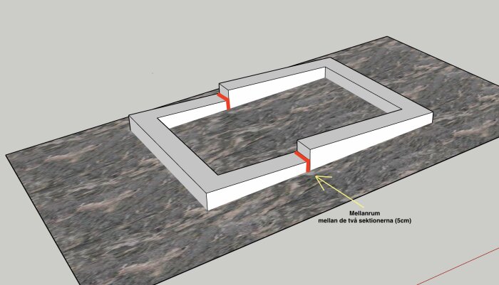 3D-modell av grundmursplan med två separerade sektioner och ett 5 cm mellanrum, markerat i rött och tydliggörande pil.