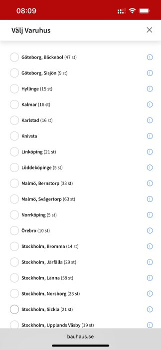 Lista över Bauhaus-varuhus med antal artiklar i lager i olika svenska städer.