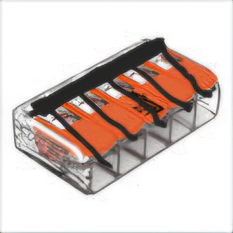 En Wago 221 kopplingsklämma med transparent hölje och orange handtag, visas med anslutningar placerade mitt emot varandra.