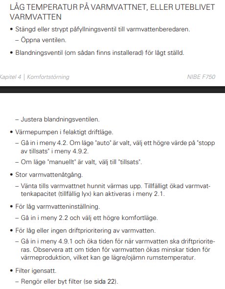 Instruktioner för felsökning av låg temperatur på varmvatten med steg för justering och kontroll av en NIBE F750 värmepump.